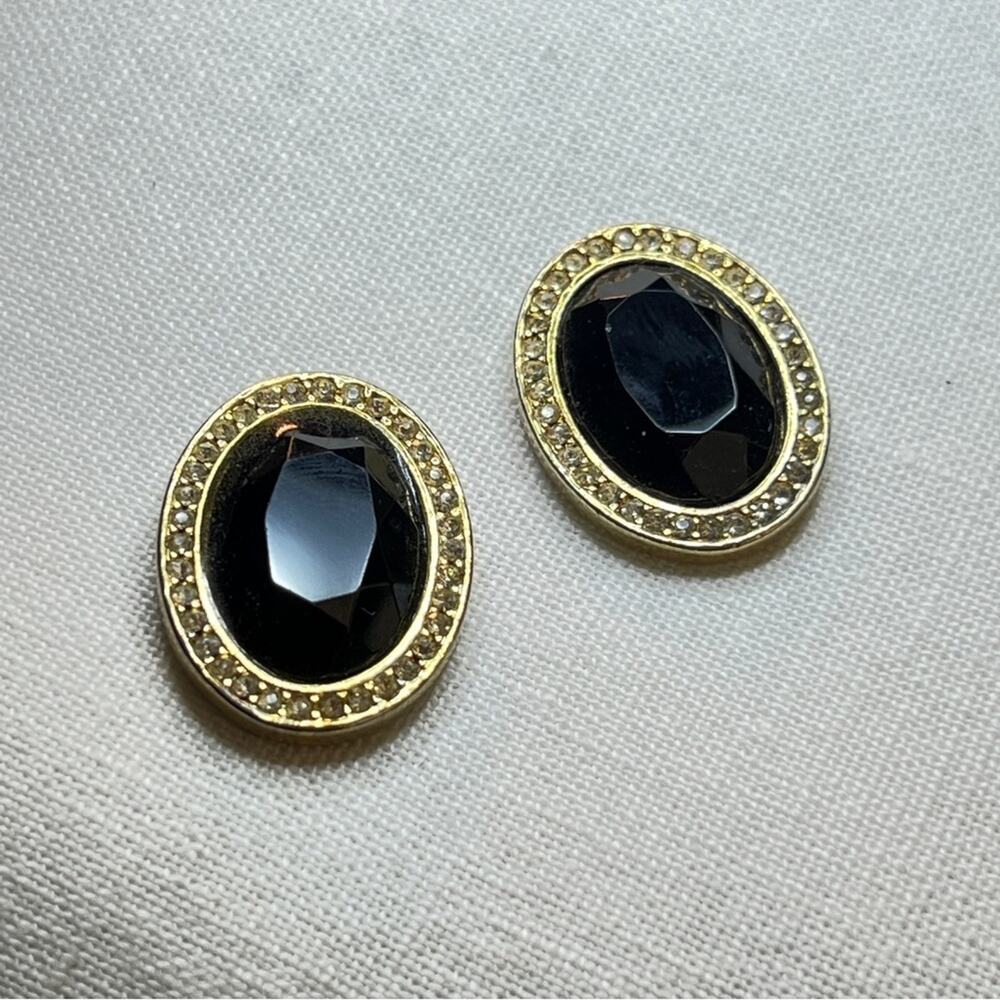 JUDY LEE VINTAGE 1950s Faux Gold Diamond & Black Facet Stone Oval Clip Earrings